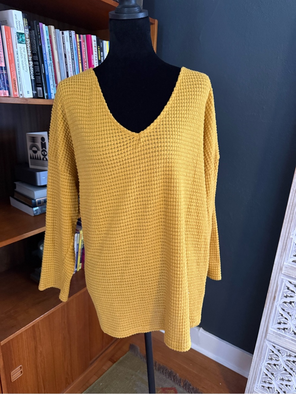 Three Bird Nest Mustard Yellow V-Neck Waffle Knit Sweater